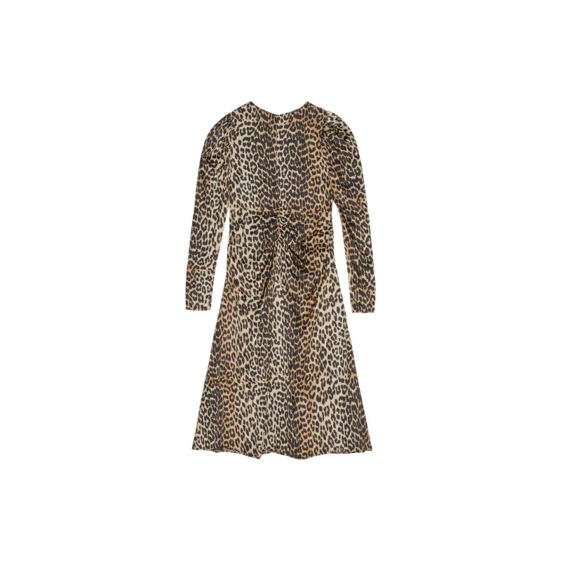 GANNI Leopard Print Satin Ruched Midi Dress-1