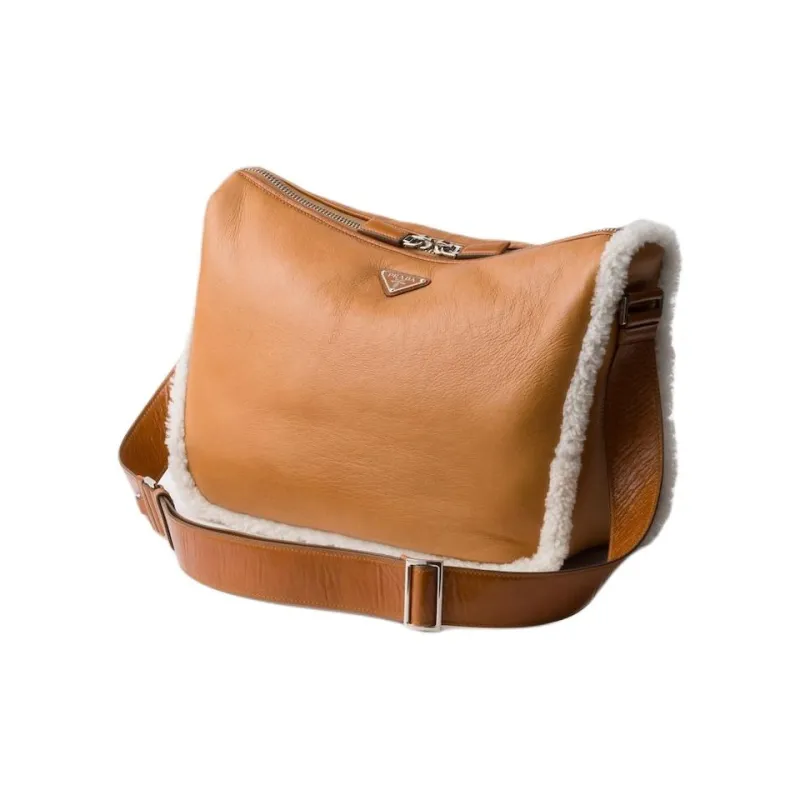 PRADA Shearling Crossbody Bag Shoulder Bag Men's Cognac Brandy In Natural Color-1