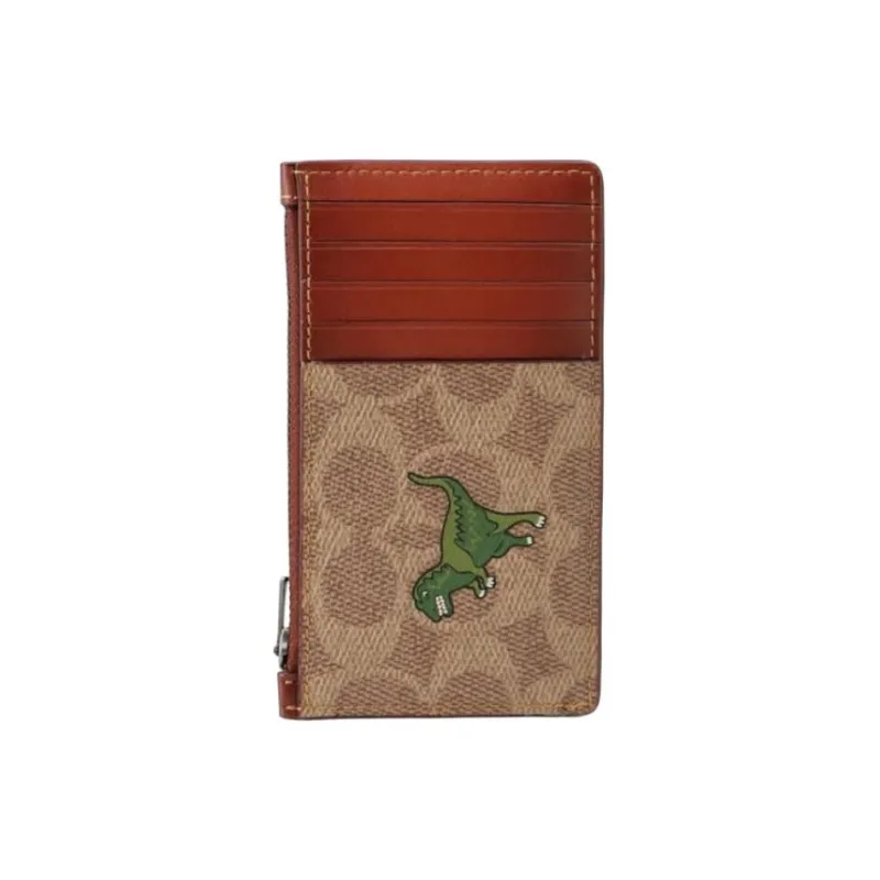 COACH Card Case Canvas With Calfskin Coin Purses Card Holders Mini Women's Tan & Rust-1