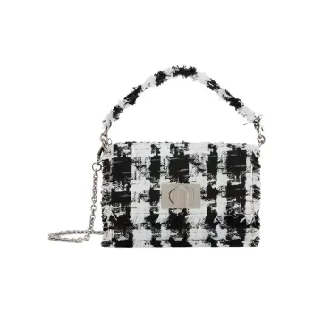 Furla 1927 Collection Plaid Pearl Velvet Fabric Handbag Shoulder Bag Crossbody Bag Mini Women's White & Black