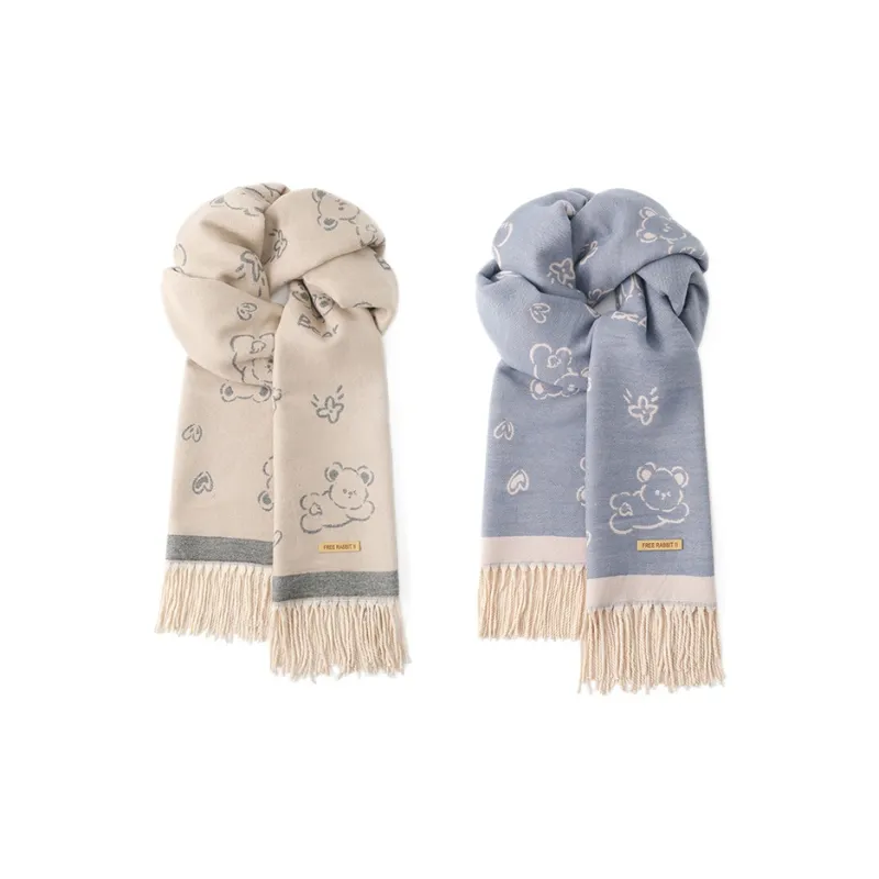 FREE RABBITⅡ Korean Style Double Sided Jacquard Fashion Warm Thickened Fringe Shawl Scarf Unisex-11