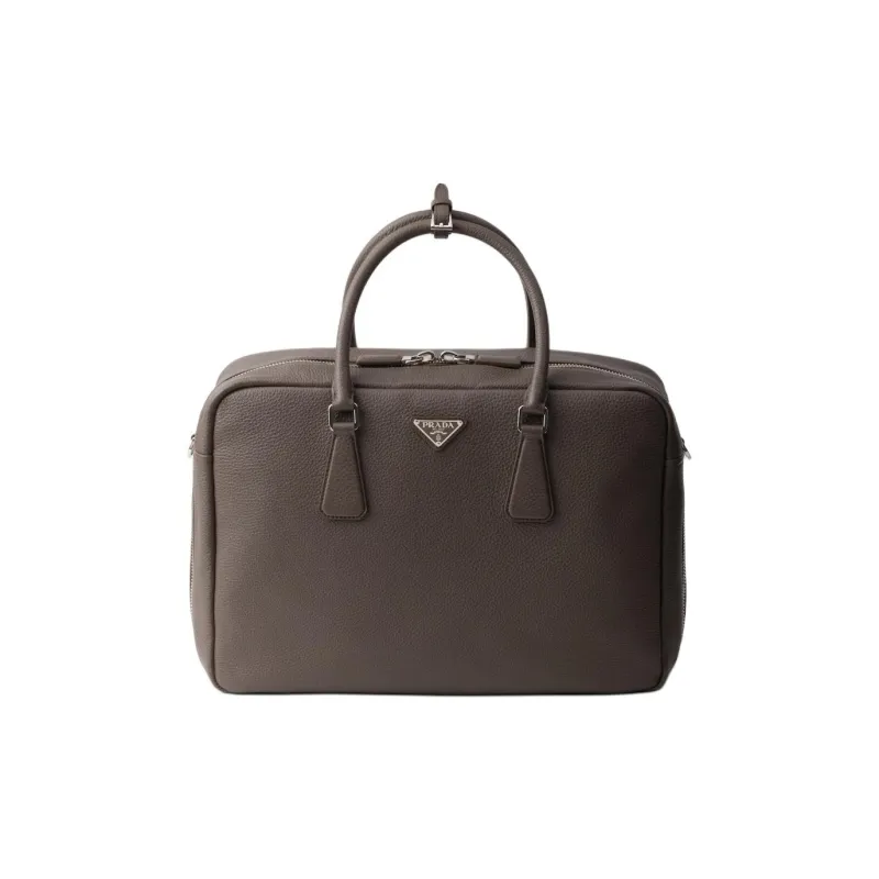PRADA Vitello Dino Leather Portable One Shoulder Crossbody Briefcases Men's Gray Brown-0