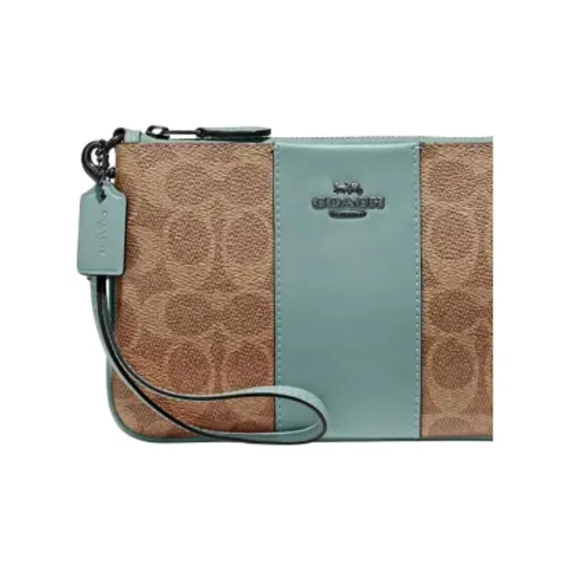 COACH Wristlet Coated Canvas With Calfskin Coin Purse Clutch Wrist Bag Small Size Women's Khaki With Lake Green Accents-3