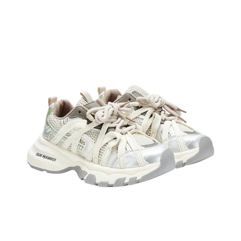RUN MANNER Cushioning Slip Resistant Low Top Chunky Sneakers Women's Beige Silver-3