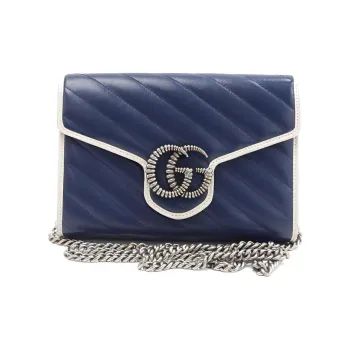 GUCCI GG Marmont Quilting Leather Wallets Shoulder Bag Crossbody Bag Mini Women's Blue/White