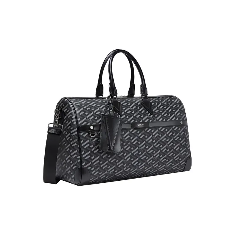 VERSACE La Greca Coated Canvas One Shoulder Travel Bag Medium Size Men's Black Gray Color-1
