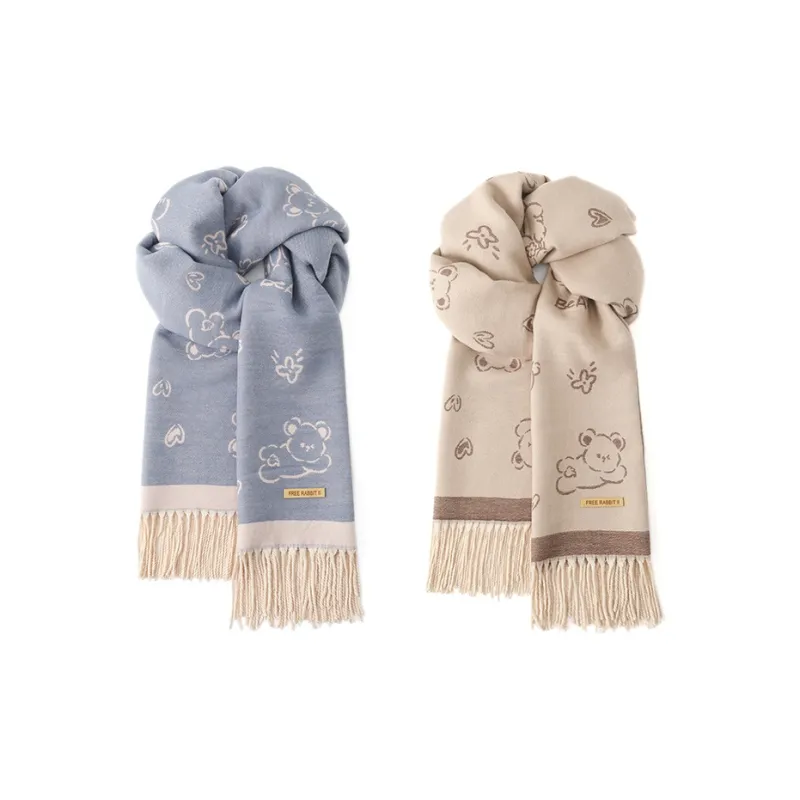 FREE RABBITⅡ Korean Style Double Sided Jacquard Fashion Warm Thickened Fringe Shawl Scarf Unisex-12
