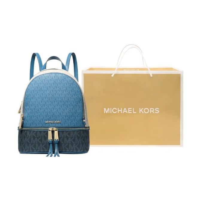 MICHAEL KORS Rhea Zip Artificial Leather Backpack Medium Size Women's Dark Blue & Vanilla White-3