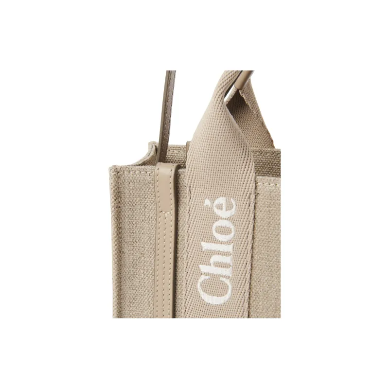 Chloe Woody Linen Canvas Tote Bag Shopping Bag Shoulder Bag Crossbody Bag Handbag Mini Women's Light Brown-4