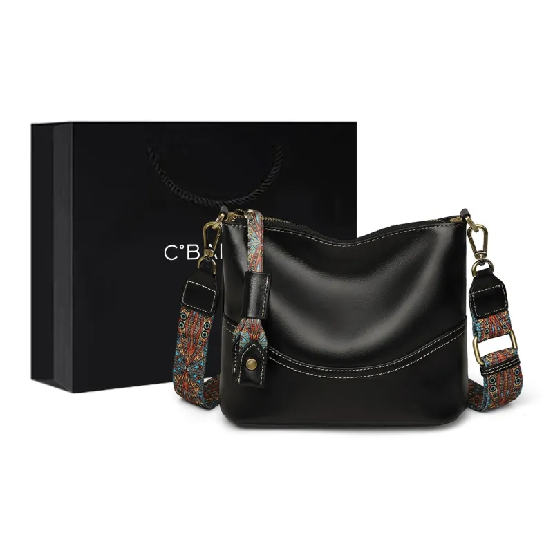 C°BANNER Cow Leather With Synthetic Leather One Shoulder Crossbody Tofu Bag Women's Black-0