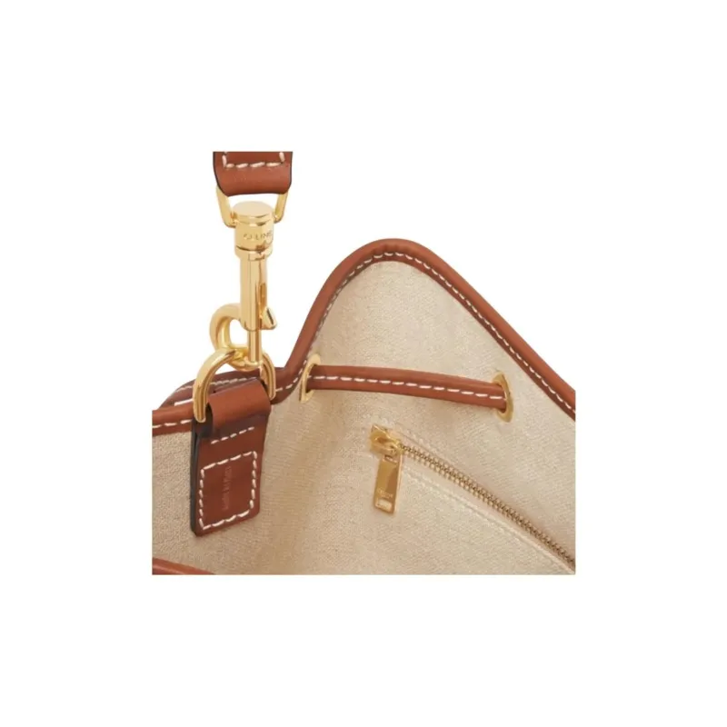 CELINE Fabric And Cow Leather Handbag Bucket Bag Shoulder Bag Crossbody Bag Handbag Women's Yellow Brown-3
