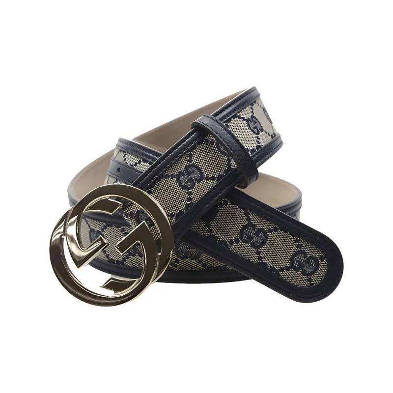 GUCCI Canvas Leather Belts Men's Dark Blue Width: 4cm-0