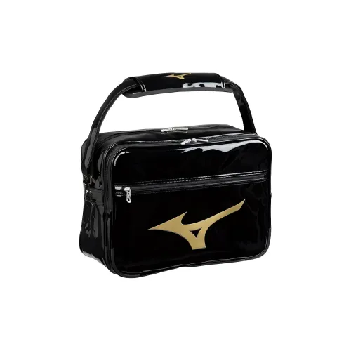 Mizuno Synthetic Leather One Shoulder Handbags Large Size Unisex Black & Gold
