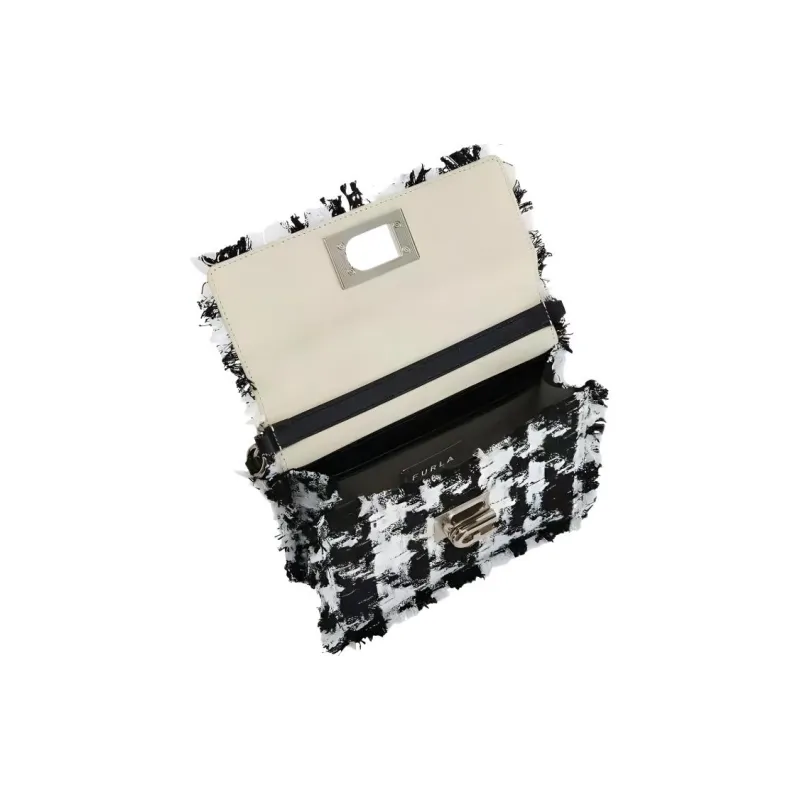 Furla 1927 Collection Plaid Pearl Velvet Fabric Handbag Shoulder Bag Crossbody Bag Mini Women's White & Black-4