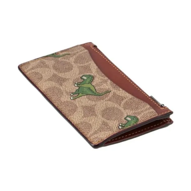 COACH Card Case Canvas With Calfskin Coin Purses Card Holders Mini Women's Tan & Rust-4