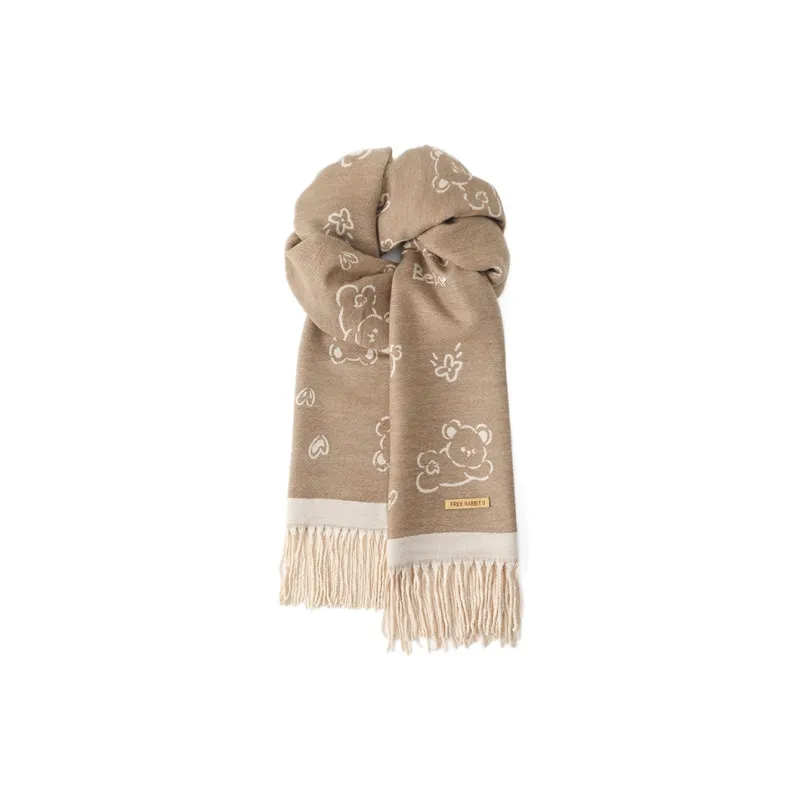 FREE RABBITⅡ Korean Style Double Sided Jacquard Fashion Warm Thickened Fringe Shawl Scarf Unisex-2