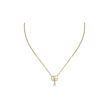 GUCCI Logo Plaque Pearl Drop Necklace