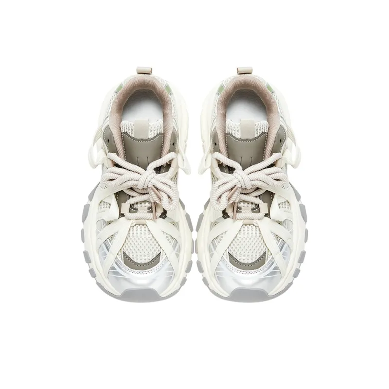 RUN MANNER Cushioning Slip Resistant Low Top Chunky Sneakers Women's Beige Silver-4