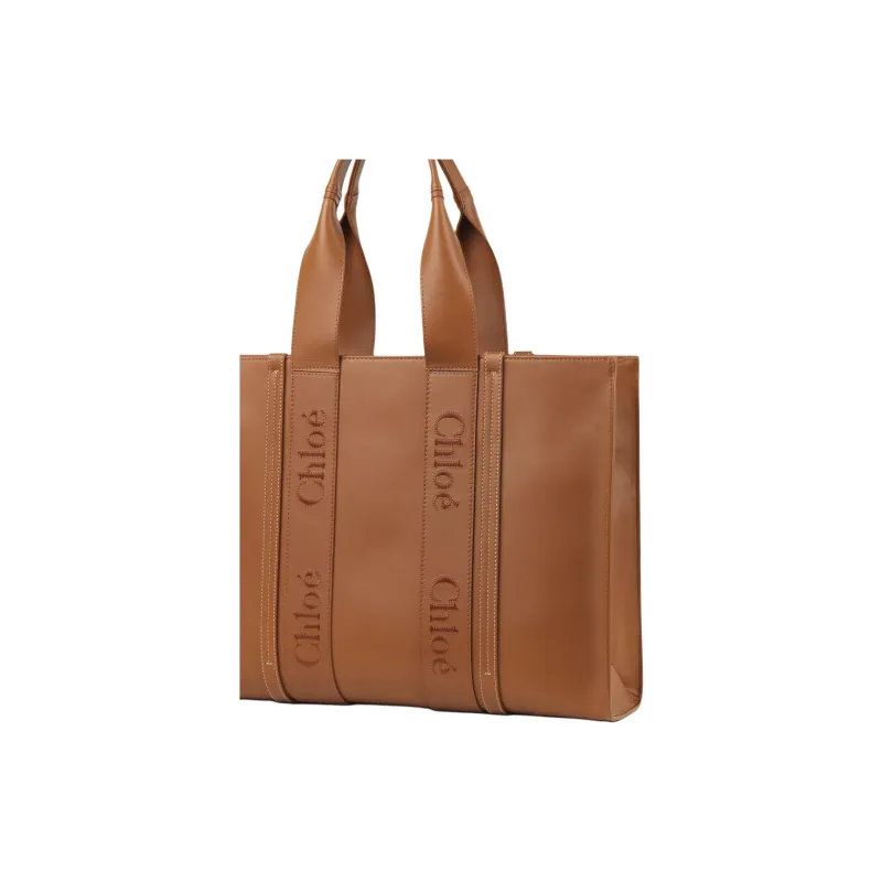 Chloe Woody Calfskin Tote Bag Shopping Bag Shoulder Bag Crossbody Bag Handbag Large Size Women's Caramel-2