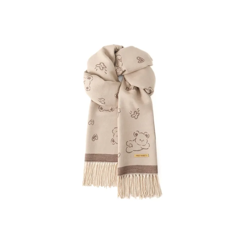 FREE RABBITⅡ Korean Style Double Sided Jacquard Fashion Warm Thickened Fringe Shawl Scarf Unisex-8