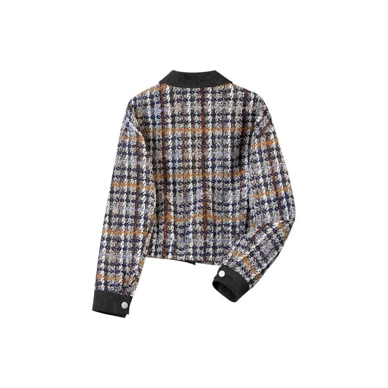 TOUCH Cropped Coats Women's Blue Coffee Plaid-1