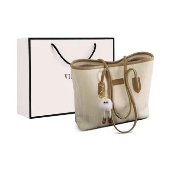 VINEY Synthetic Leather Patchwork With Cow Leather Shoulder Bag Tote Large Size Women's Ecru