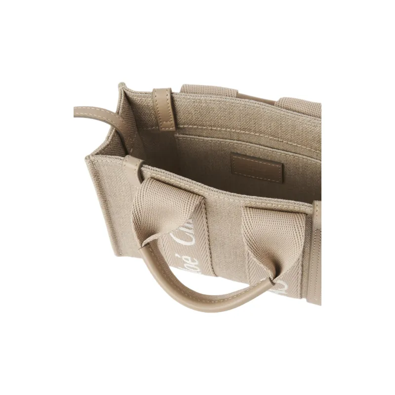 Chloe Woody Linen Canvas Tote Bag Shopping Bag Shoulder Bag Crossbody Bag Handbag Mini Women's Light Brown-3