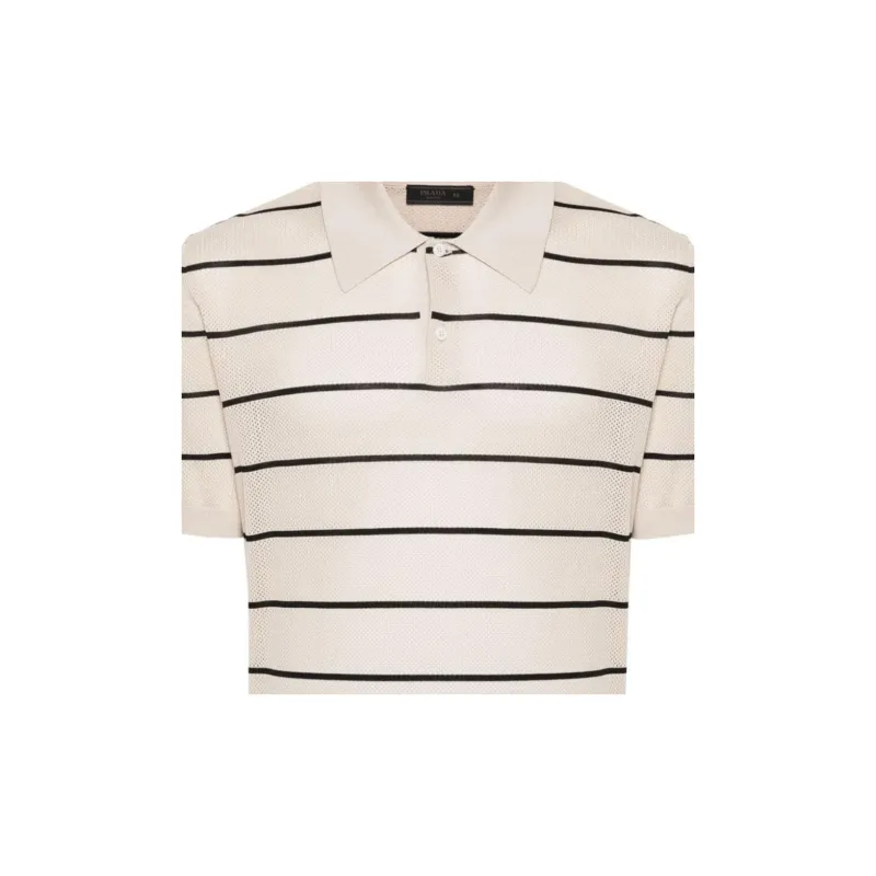 PRADA Short-Sleeved Striped Open-Knit Polo Shirt-4