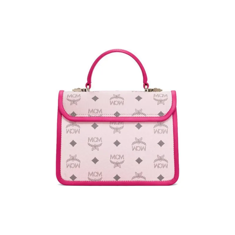 MCM Patricia Satchel Visetos Cow Leather Detail Shoulder Bag, Crossbody Bag Small Size Women's Pink-3