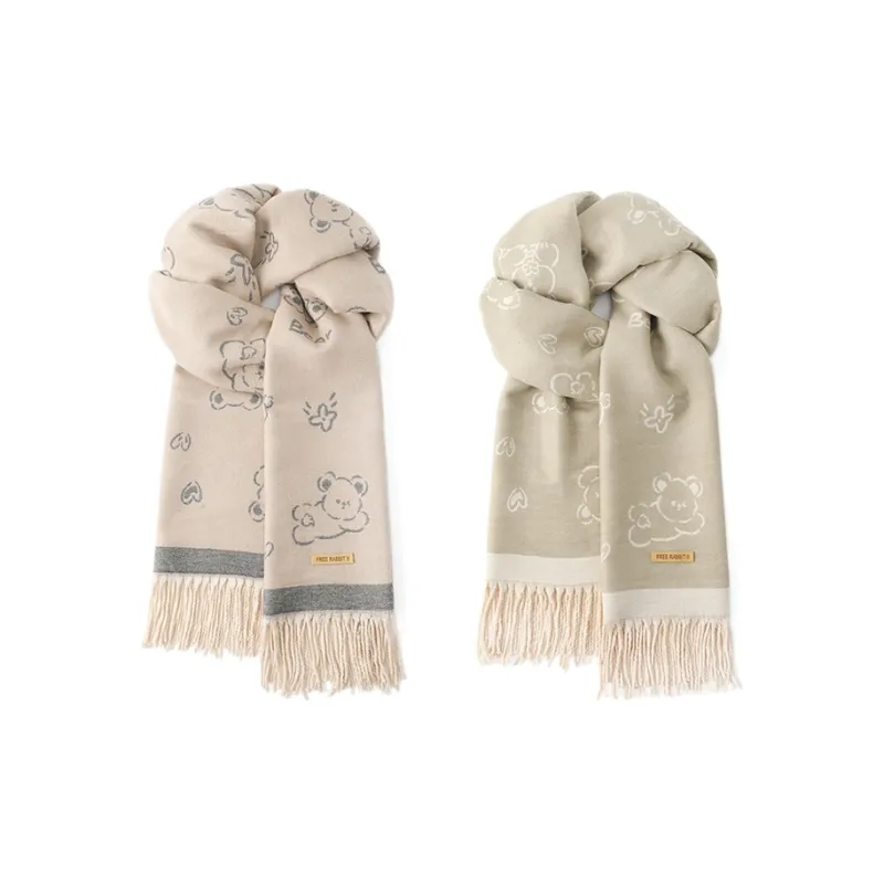 FREE RABBITⅡ Korean Style Double Sided Jacquard Fashion Warm Thickened Fringe Shawl Scarf Unisex-14