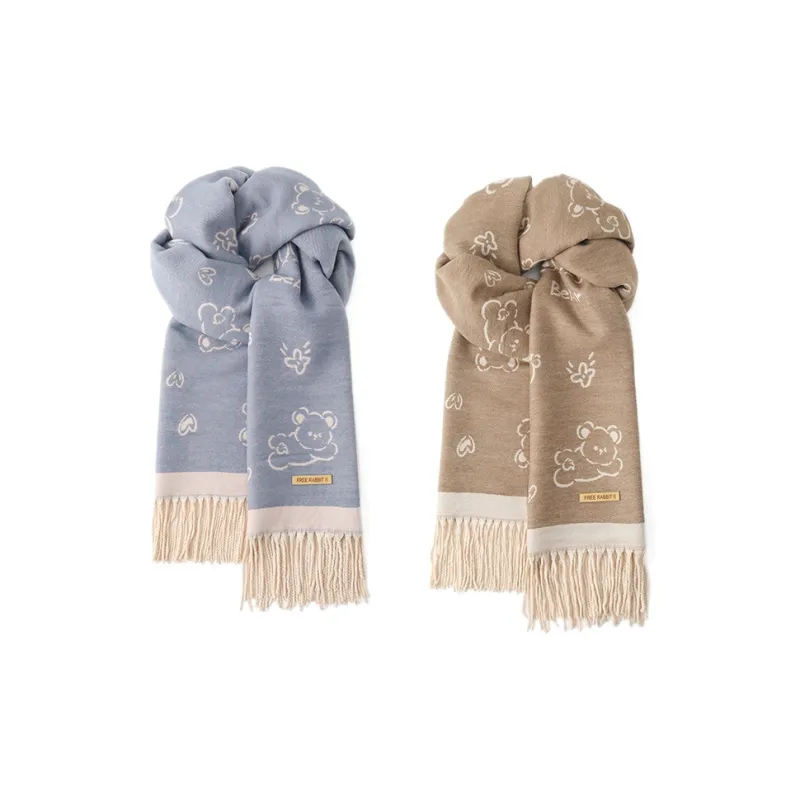 FREE RABBITⅡ Korean Style Double Sided Jacquard Fashion Warm Thickened Fringe Shawl Scarf Unisex-13