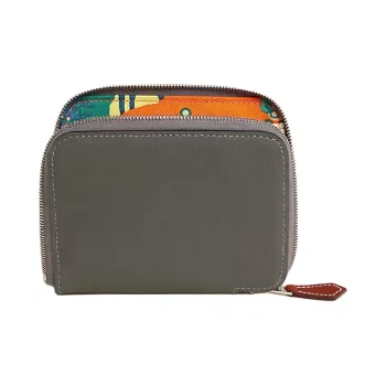 HERMES Silk'In Evercolor & Barenia Calfskin Coin Purse Women's Meyer Gray & Orange & Gull Gray