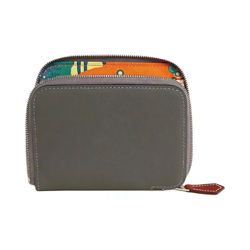 HERMES Silk'In Evercolor & Barenia Calfskin Coin Purse Women's Meyer Gray & Orange & Gull Gray-0