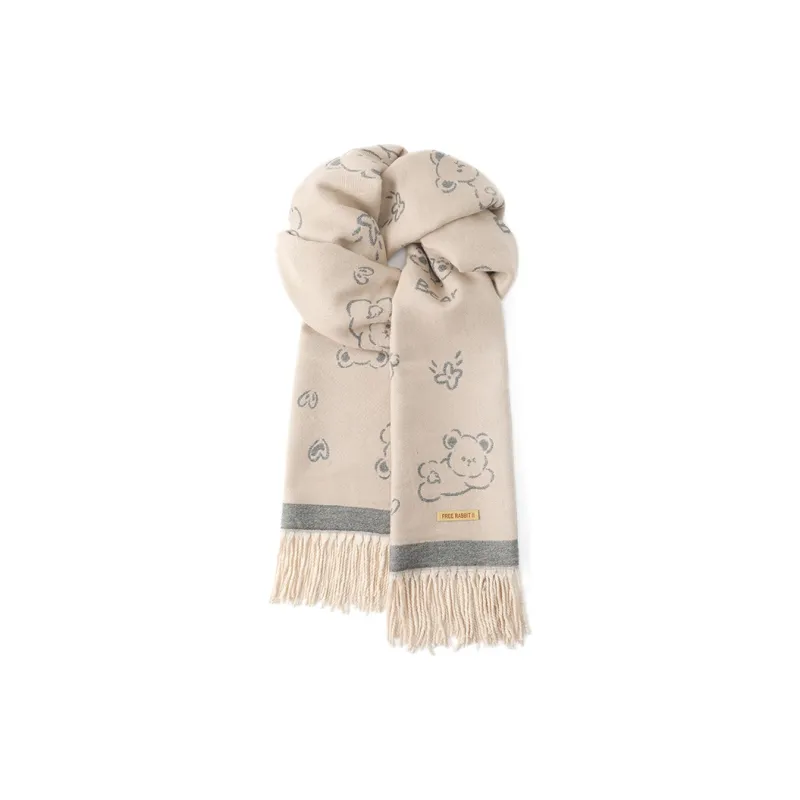 FREE RABBITⅡ Korean Style Double Sided Jacquard Fashion Warm Thickened Fringe Shawl Scarf Unisex-4