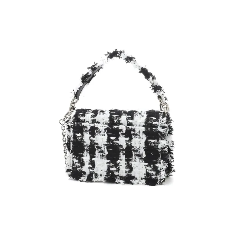 Furla 1927 Collection Plaid Pearl Velvet Fabric Handbag Shoulder Bag Crossbody Bag Mini Women's White & Black-3
