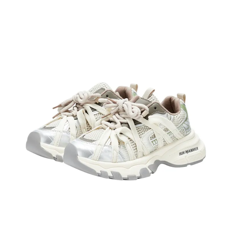 RUN MANNER Cushioning Slip Resistant Low Top Chunky Sneakers Women's Beige Silver-2