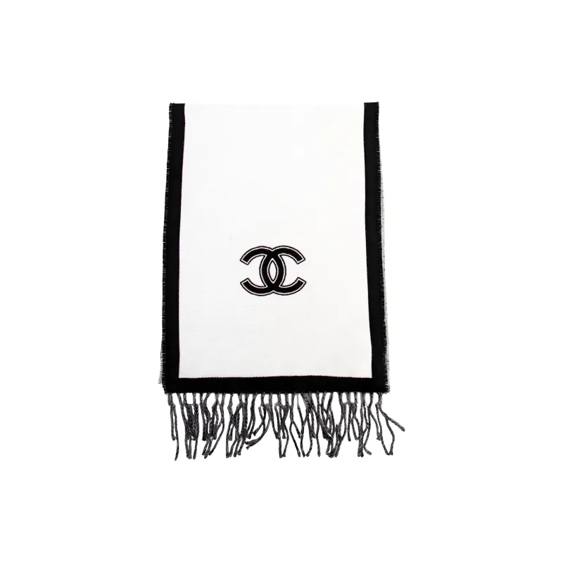 CHANEL Sheep Wool Knit Scarves Unisex Black White-1