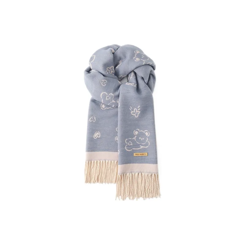 FREE RABBITⅡ Korean Style Double Sided Jacquard Fashion Warm Thickened Fringe Shawl Scarf Unisex-6