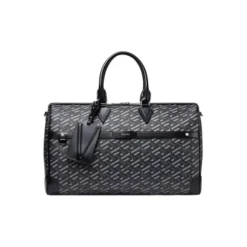 VERSACE La Greca Coated Canvas One Shoulder Travel Bag Medium Size Men's Black Gray Color