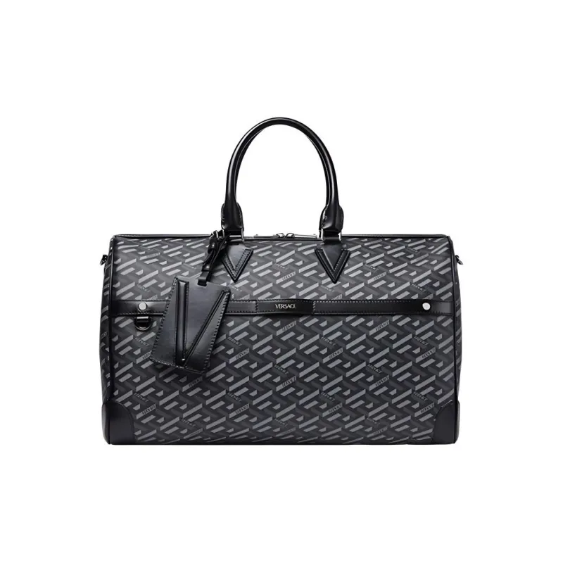VERSACE La Greca Coated Canvas One Shoulder Travel Bag Medium Size Men's Black Gray Color-0