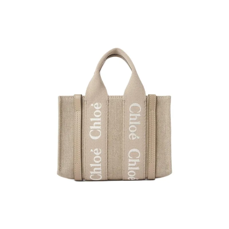 Chloe Woody Linen Canvas Tote Bag Shopping Bag Shoulder Bag Crossbody Bag Handbag Mini Women's Light Brown-1