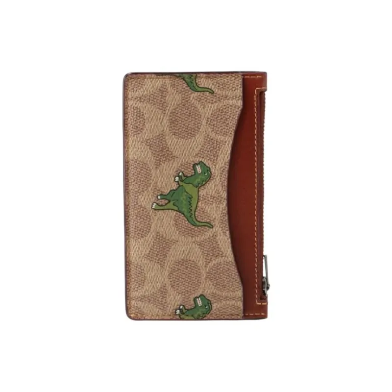 COACH Card Case Canvas With Calfskin Coin Purses Card Holders Mini Women's Tan & Rust-2