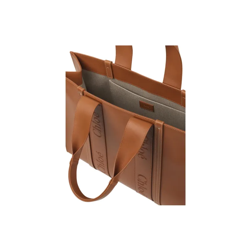 Chloe Woody Calfskin Tote Bag Shopping Bag Shoulder Bag Crossbody Bag Handbag Large Size Women's Caramel-3
