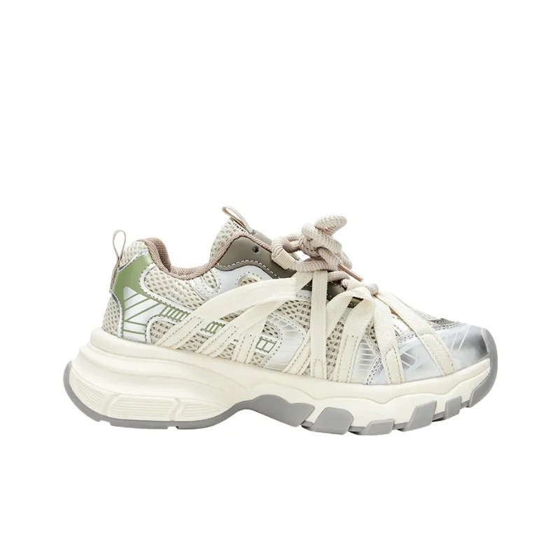RUN MANNER Cushioning Slip Resistant Low Top Chunky Sneakers Women's Beige Silver-1