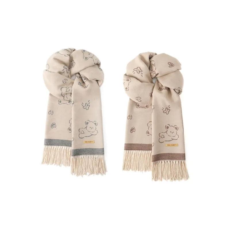 FREE RABBITⅡ Korean Style Double Sided Jacquard Fashion Warm Thickened Fringe Shawl Scarf Unisex-10