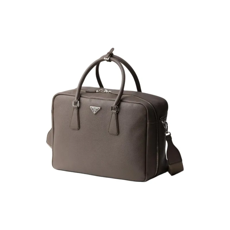 PRADA Vitello Dino Leather Portable One Shoulder Crossbody Briefcases Men's Gray Brown-1