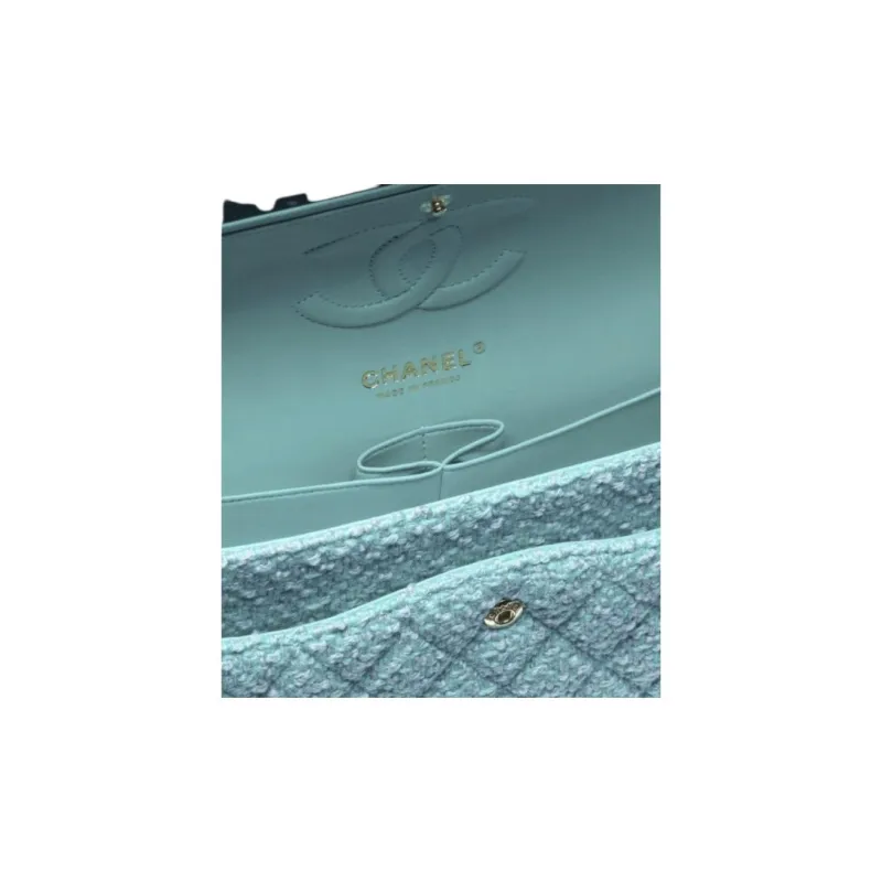 CHANEL Classic Flap CF Wool Twill Velvet Gold Metal Mouth Cover Bag Crossbody Bag Women's Turkish Blue/Light Blue-3