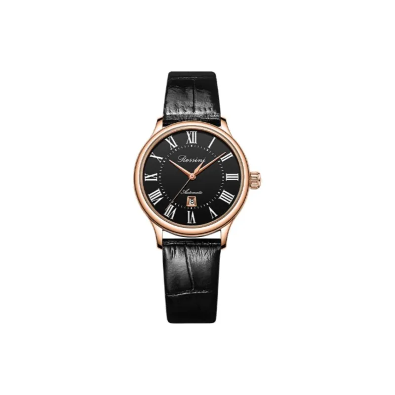 ROSSINI Mechanical Movement Cowhide Strap Watch Women's Watch Black Dial-0