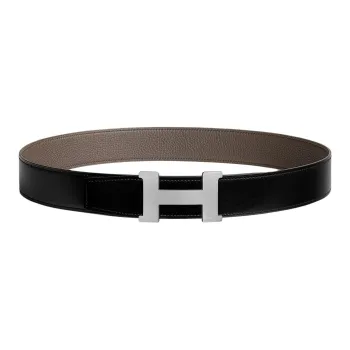 HERMES Calfskin Leather Belts Men's Black/Tin Gray Width 3.8cm