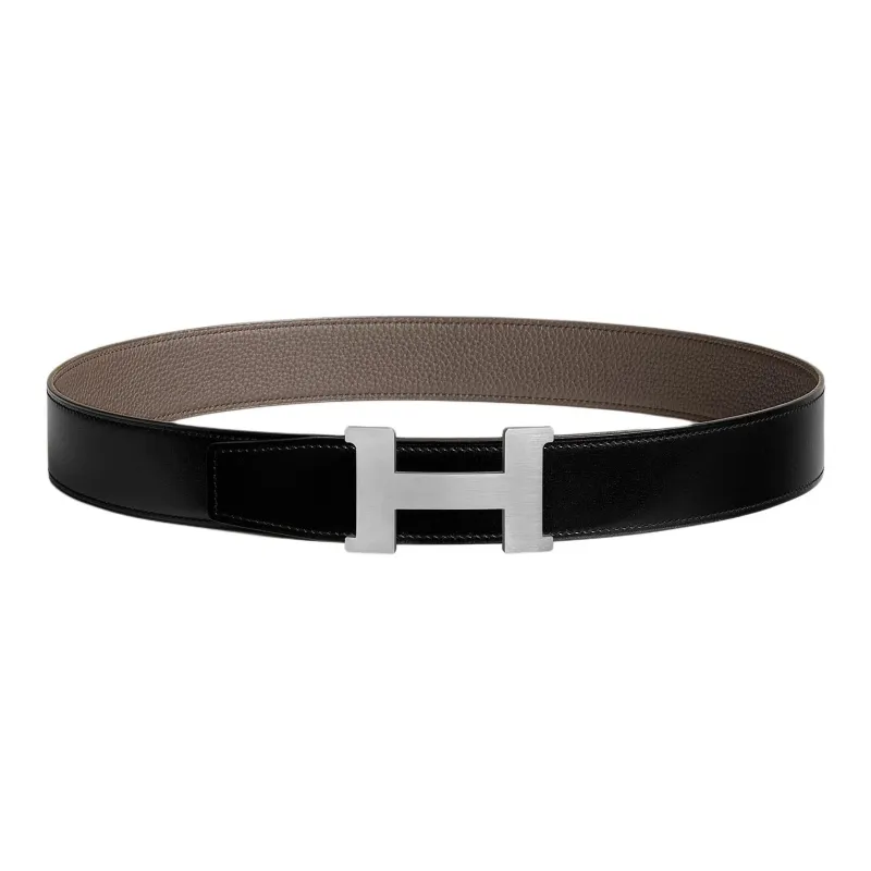 HERMES Calfskin Leather Belts Men's Black/Tin Gray Width 3.8cm-0